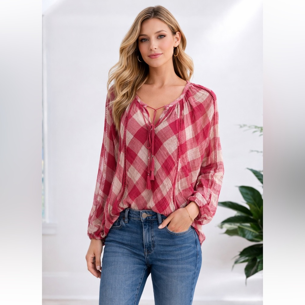 Free People Pink and Cream Checkered Blouse